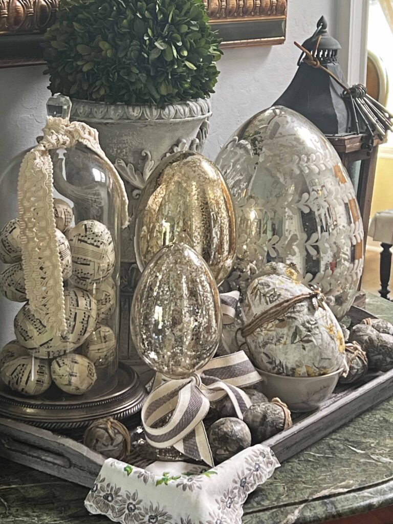 how to layer an Easter decorative vignette
