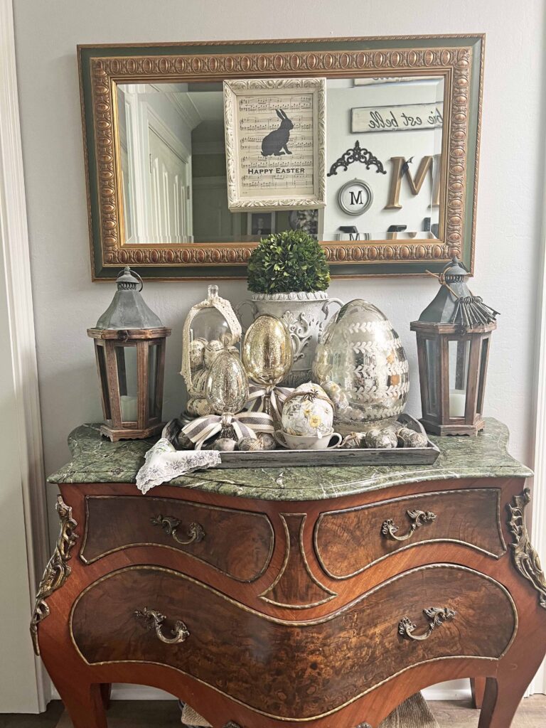 how to layer an Easter decorative vignette