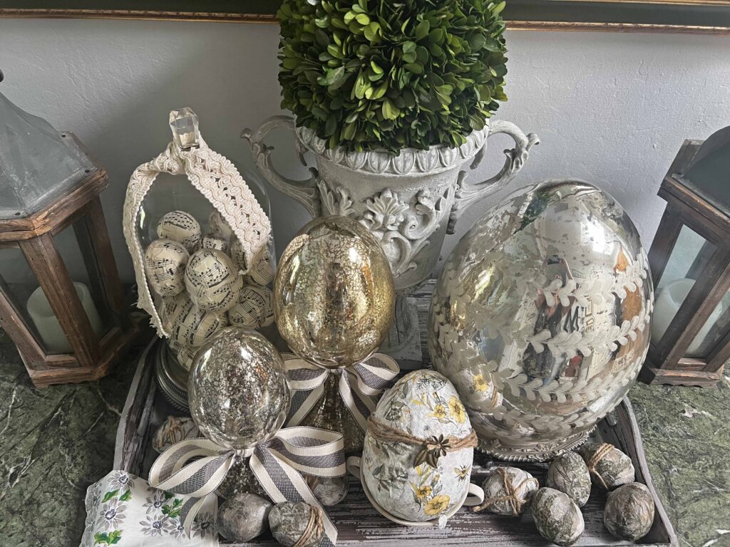 how to layer an Easter decorative vignette