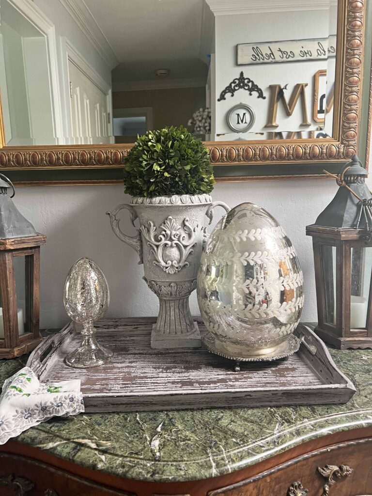 how to layer an Easter decorative vignette