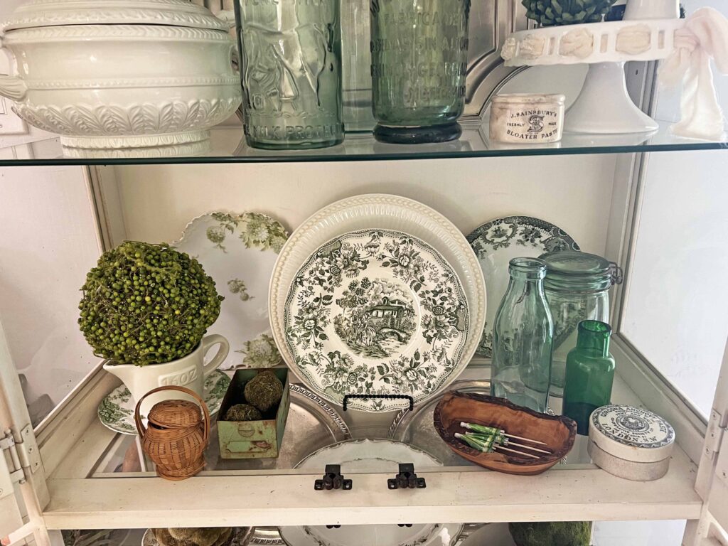 spring green inspired china cabinet decor styling