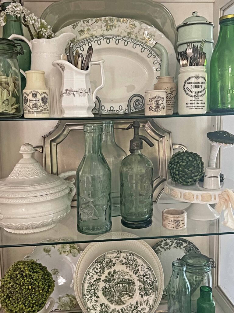 spring green inspired china cabinet decor styling