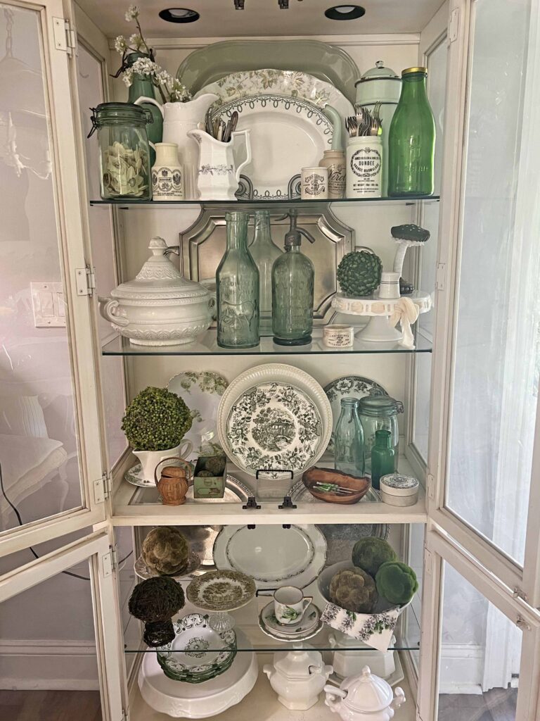 spring green inspired china cabinet decor styling