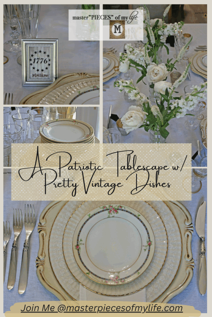 patriotic table with pretty thrifted dishes