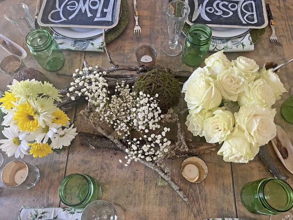woodsy spring blooming table scape