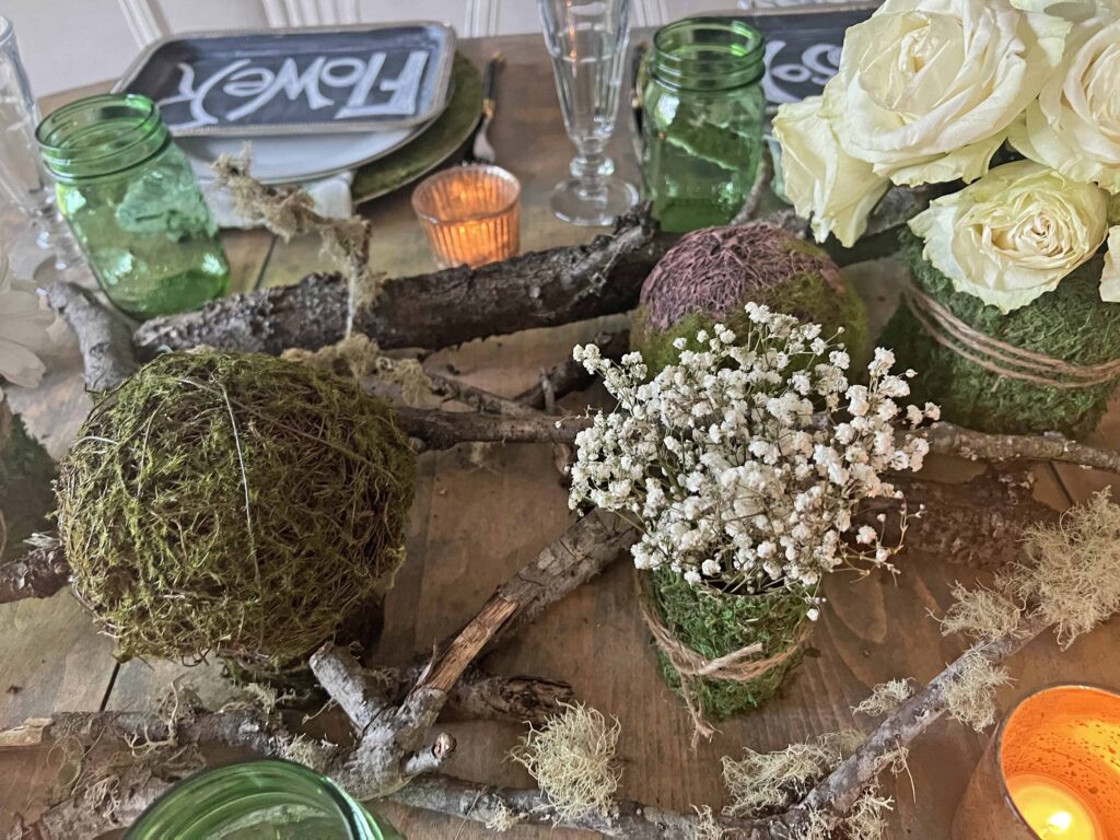 woodsy spring blooming table scape