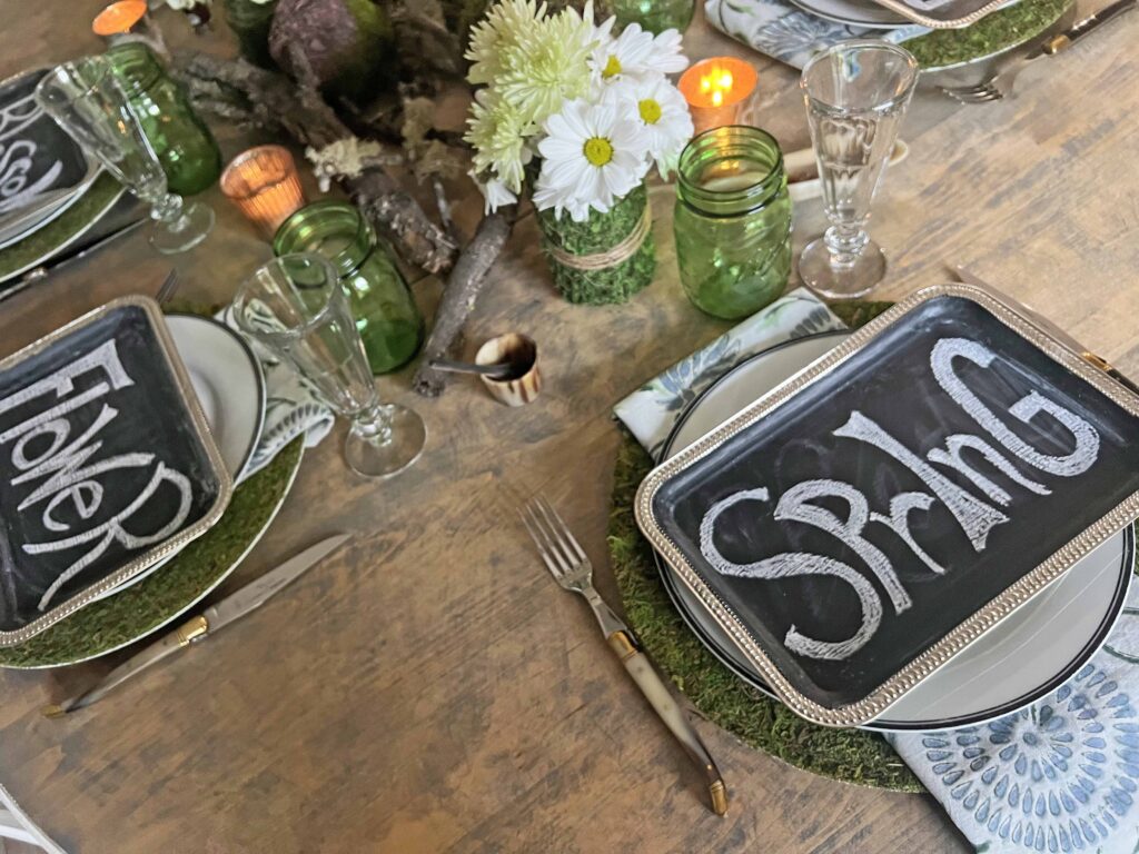 woodsy spring blooming table scape