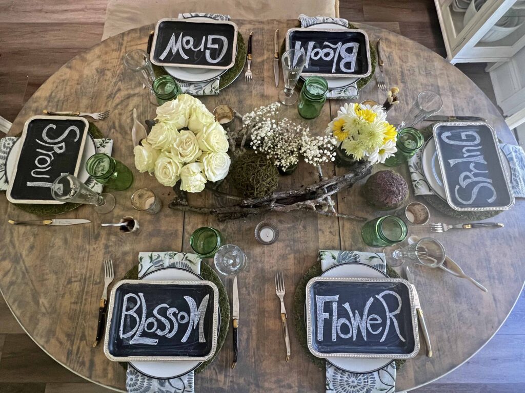 woodsy spring blooming table scape