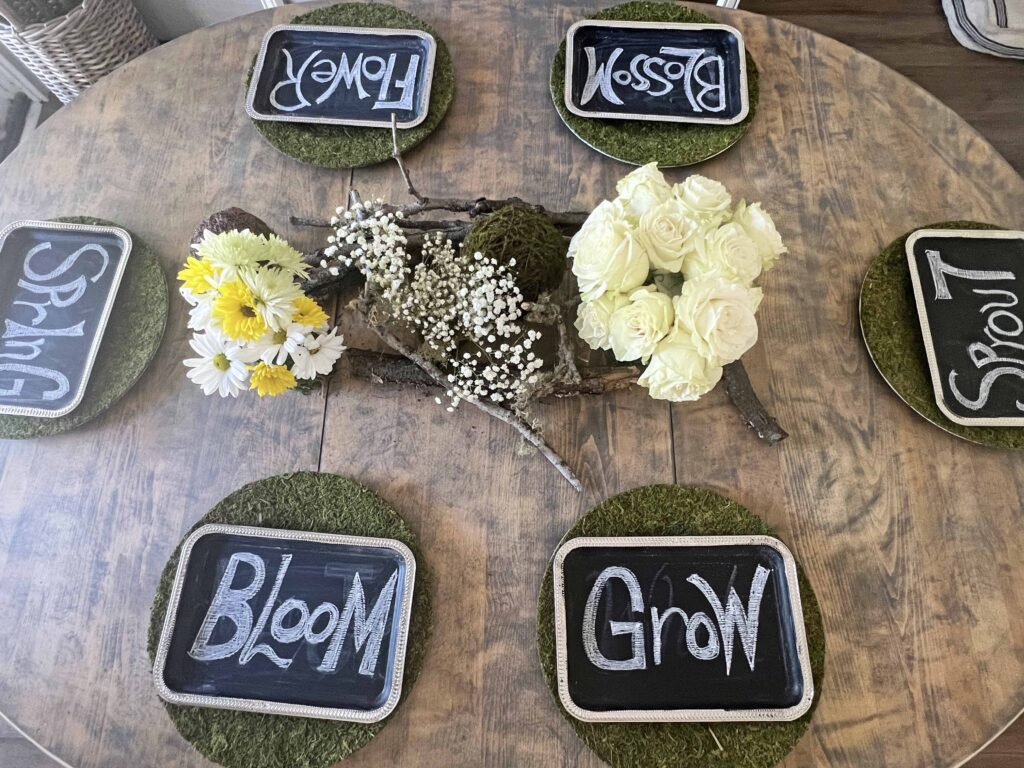 woodsy spring blooming table scape