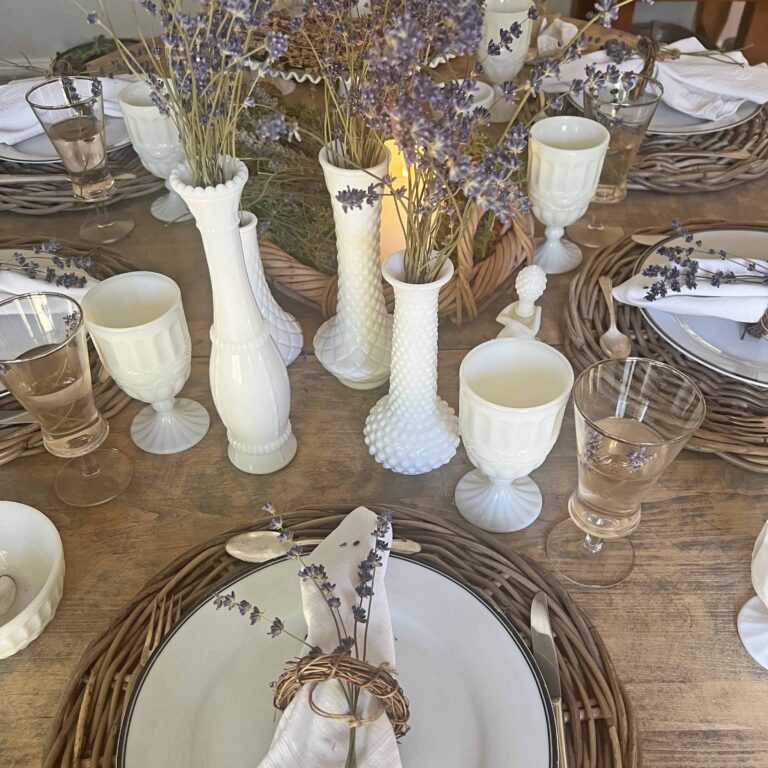 Rustic Lavender Table Styling with a Touch of Vintage Milk Glass