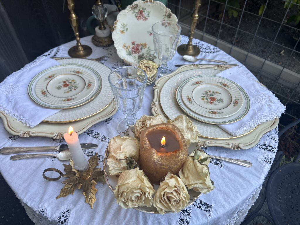 thrifted fall garden table setting