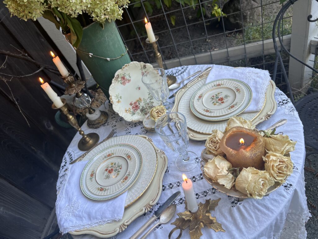 thrifted fall garden table setting