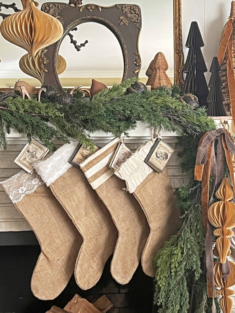Christmas mantel decorated in neutral browns