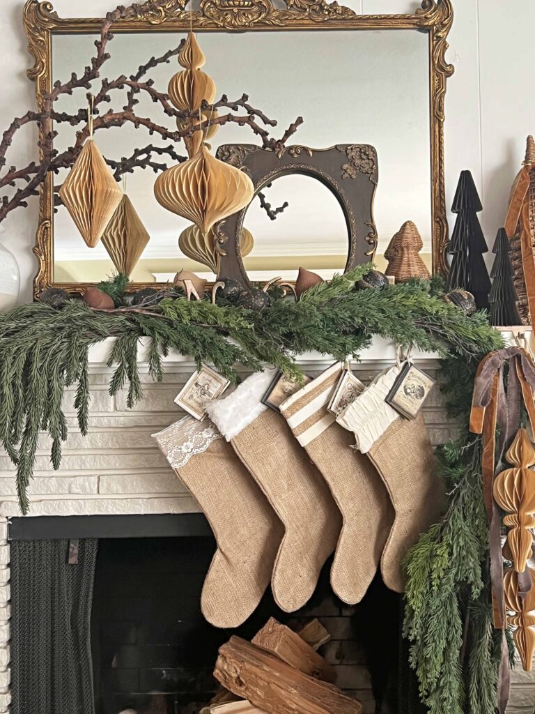 Christmas mantel decorated in neutral browns