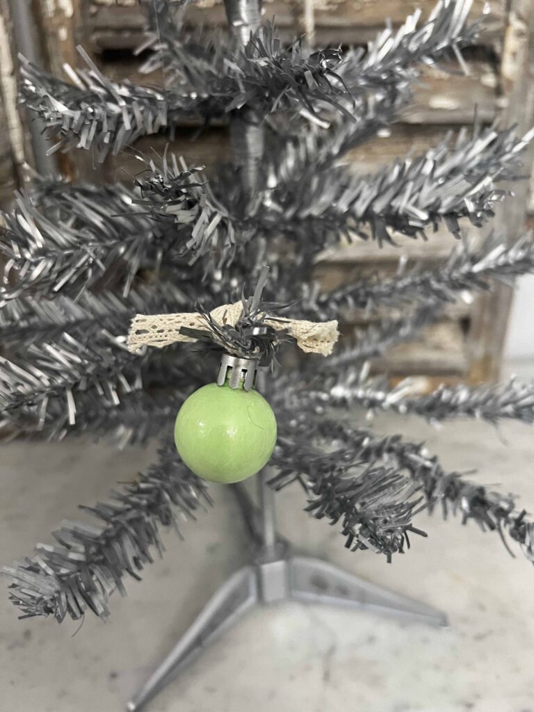 DIY vintage tinsel tree with jadeite ornaments