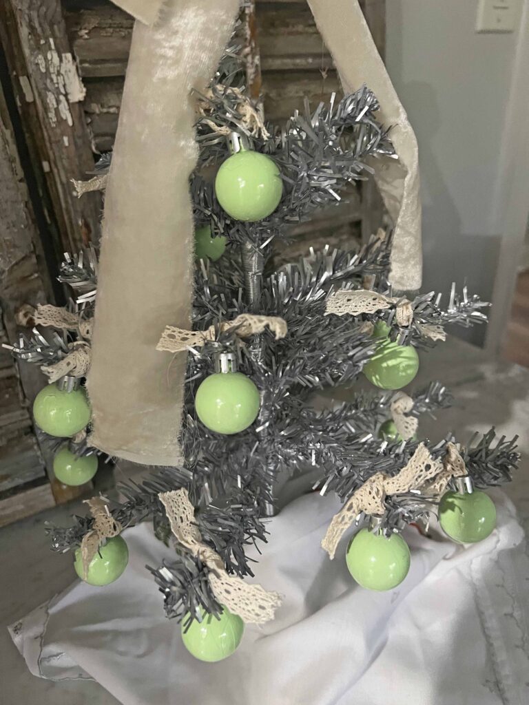 DIY vintage tinsel tree with jadeite ornaments