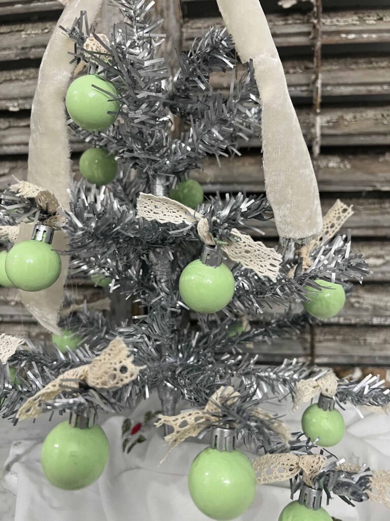 DIY vintage tinsel tree with jadeite ornaments