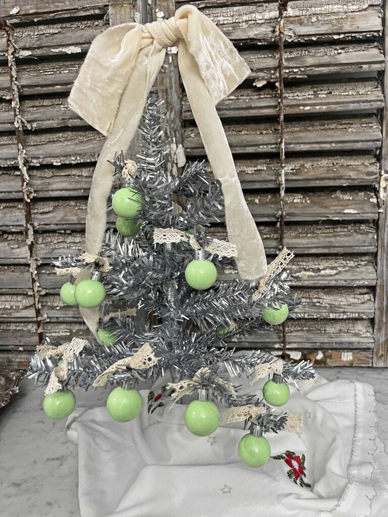 DIY vintage tinsel tree with jadeite ornaments