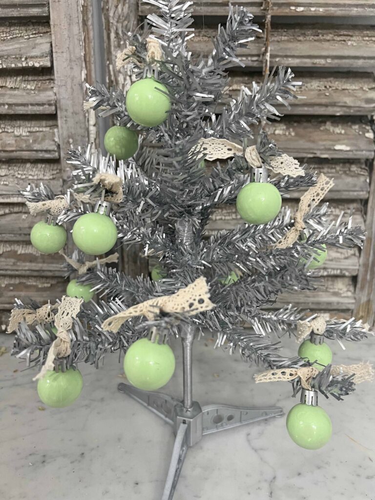DIY vintage tinsel tree with jadeite ornaments