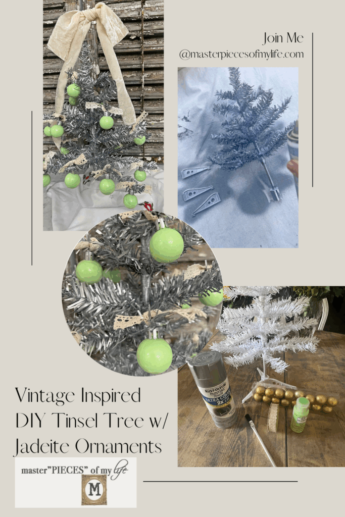 DIY vintage tinsel tree with jadeite ornaments