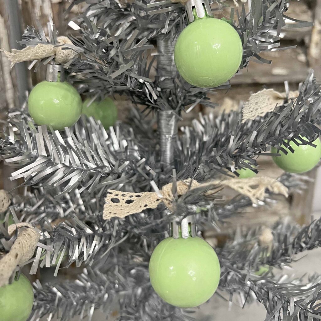 DIY vintage tinsel tree with jadeite ornaments