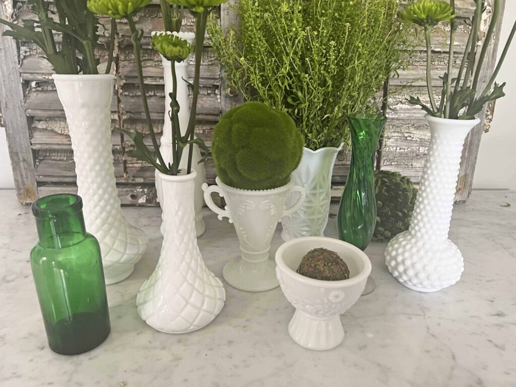 how to use thrifted vintage milk glass for St. Patrick's Day decor