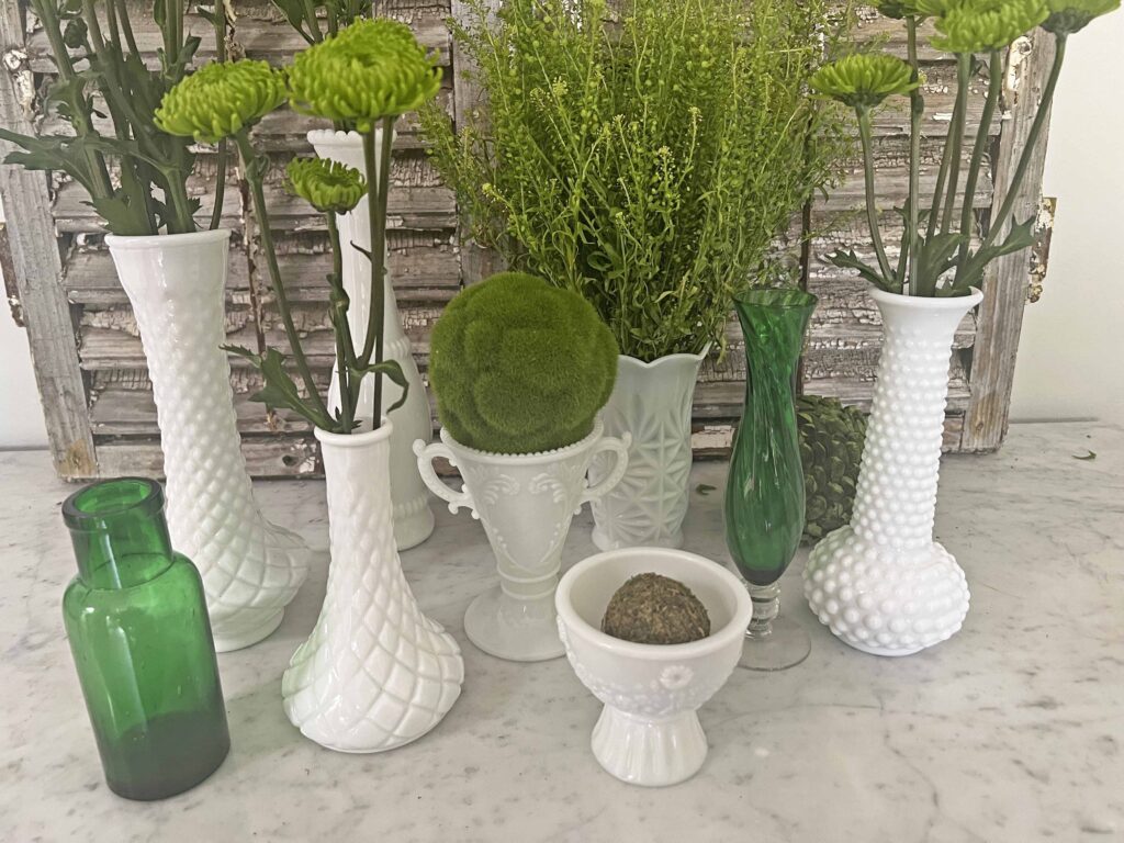 how to use thrifted vintage milk glass for St. Patrick's Day decor