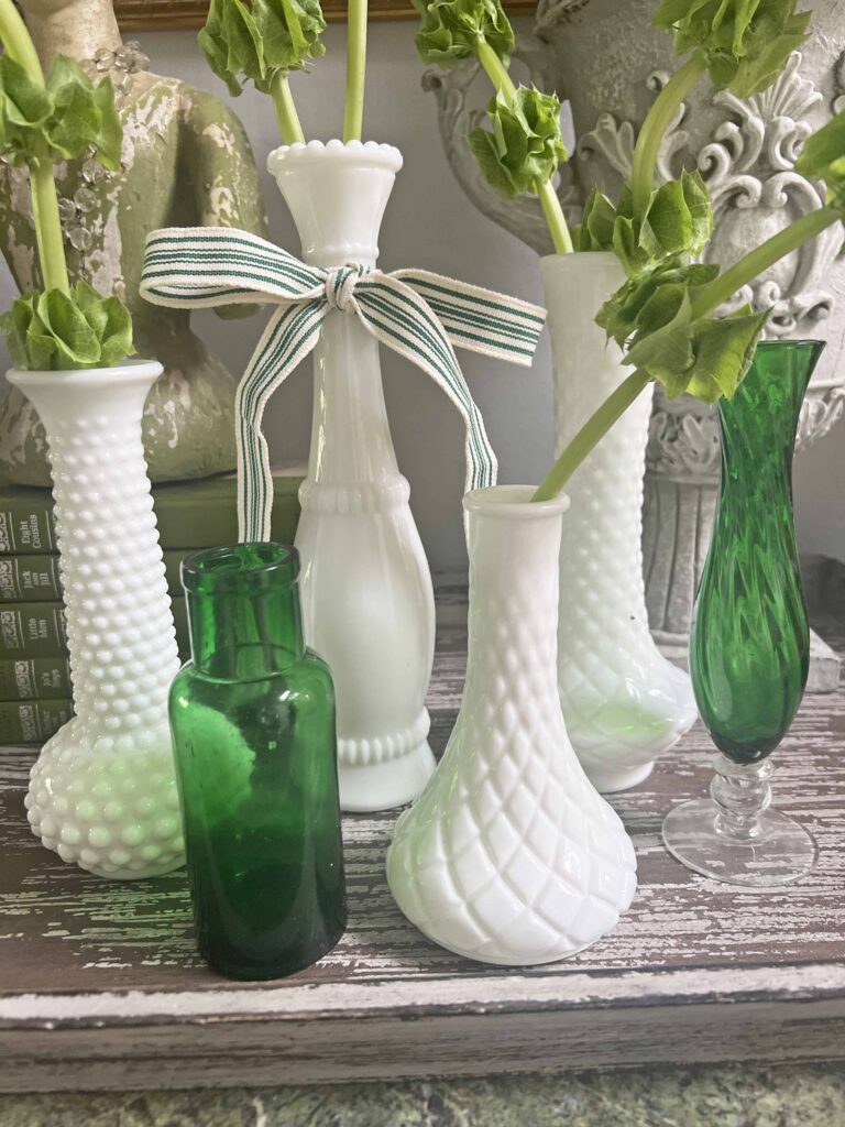 how to use thrifted vintage milk glass for St. Patrick's Day decor