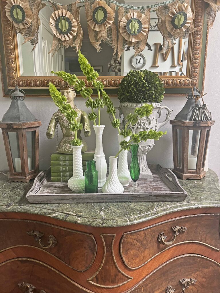 how to use thrifted vintage milk glass for St. Patrick's Day decor