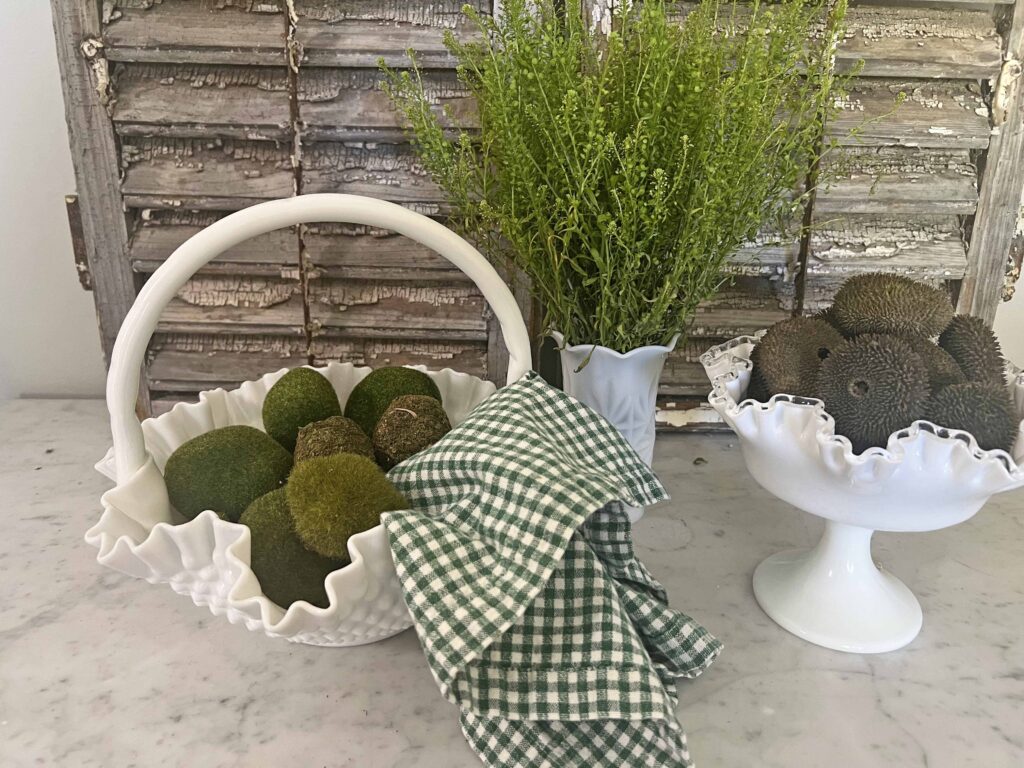 how to use thrifted vintage milk glass for St. Patrick's Day decor