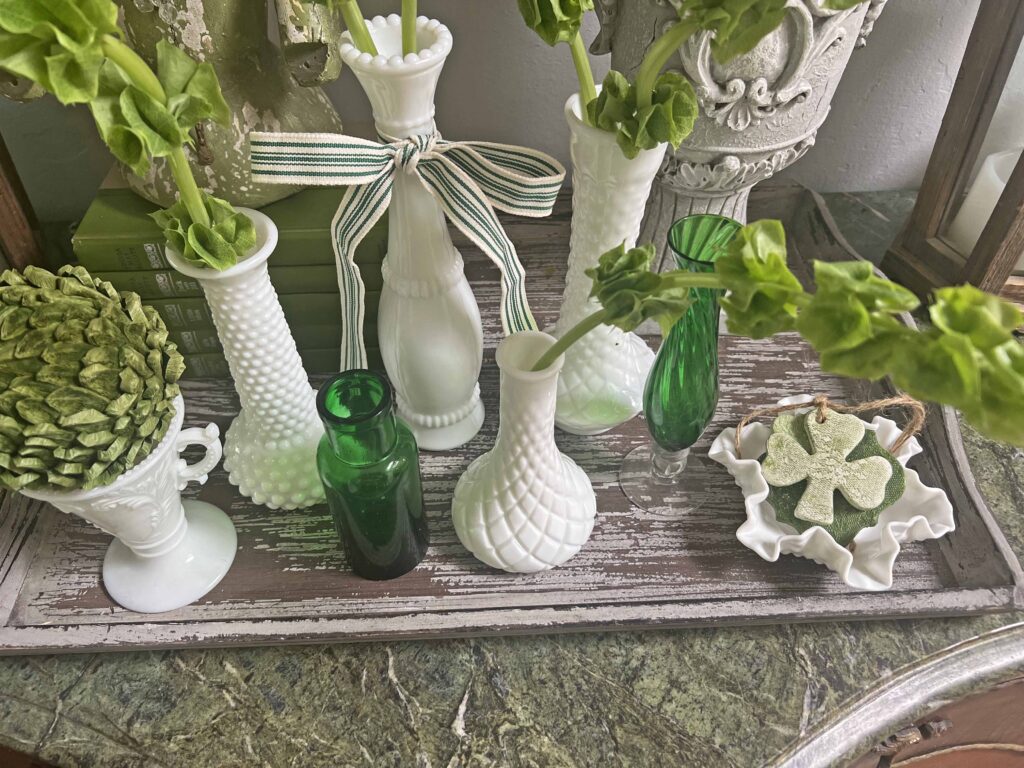 how to use thrifted vintage milk glass for St. Patrick's Day decor