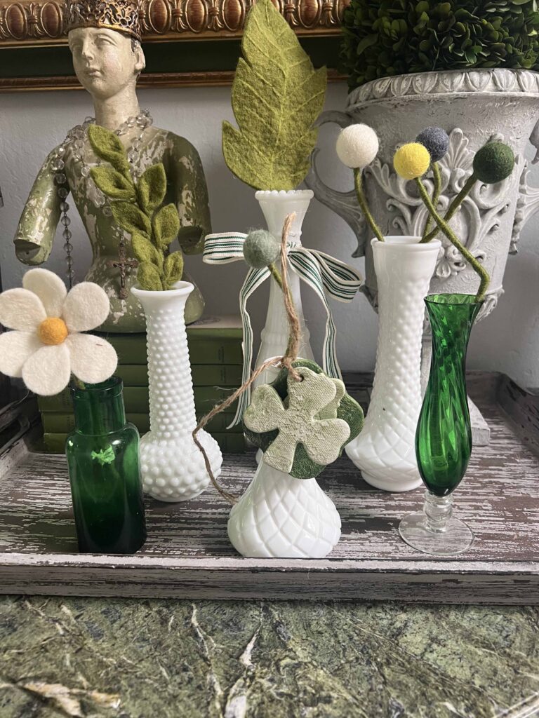 how to use thrifted vintage milk glass for St. Patrick's Day decor