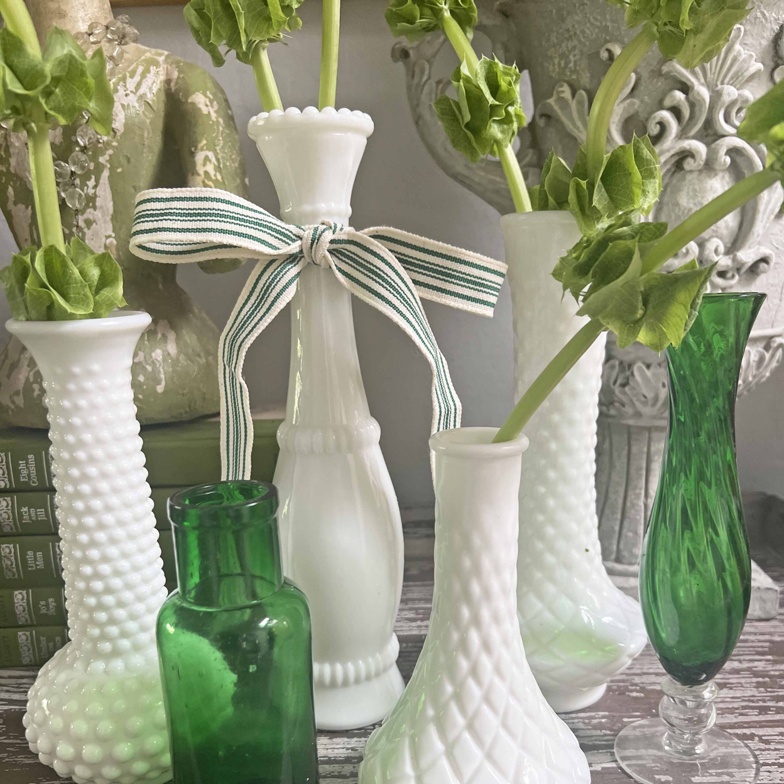 how to use thrifted vintage milk glass for St. Patrick's Day decor