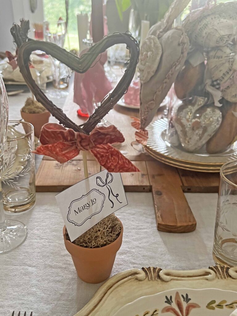 Valentine's Day table with Heart Topiary Place Cards