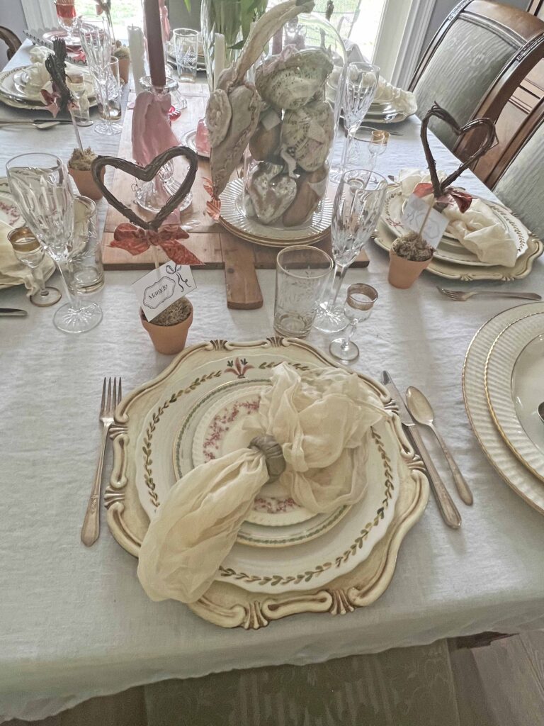 Valentine's Day table with Heart Topiary Place Cards