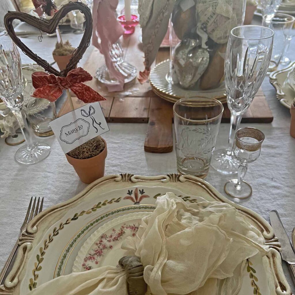 Valentine's Day table with Heart Topiary Place Cards