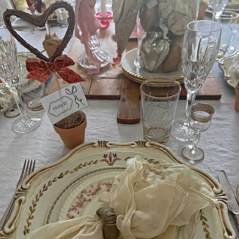 Valentine’s Day Table with Heart Topiary DIY Place Cards