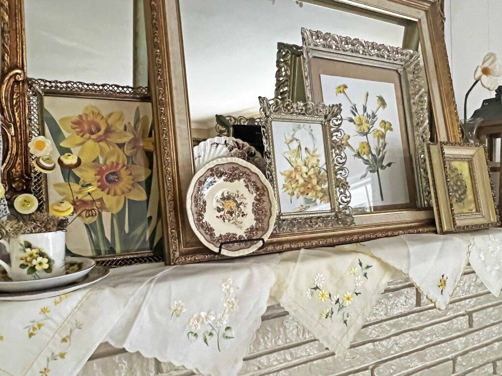 mantel styling with yellow vintage decor