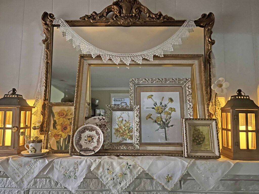 mantel styling with yellow vintage decor