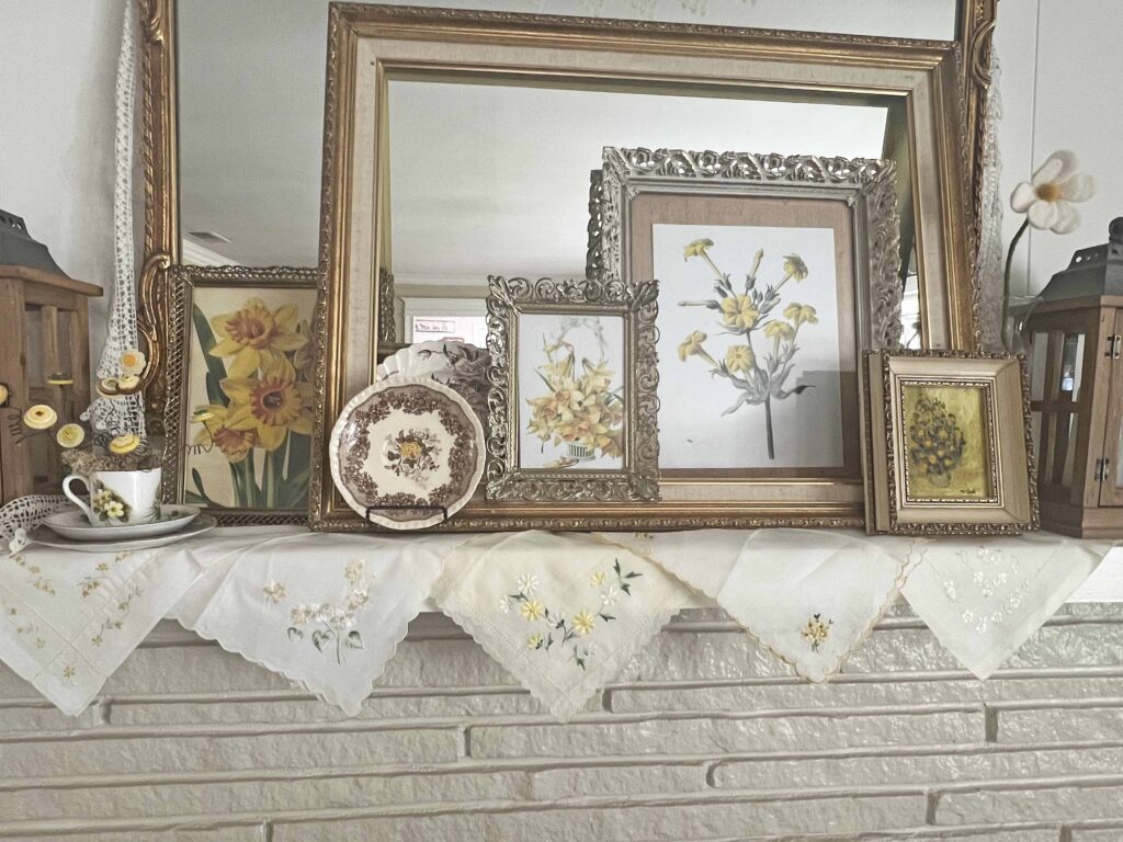 mantel styling with yellow vintage decor