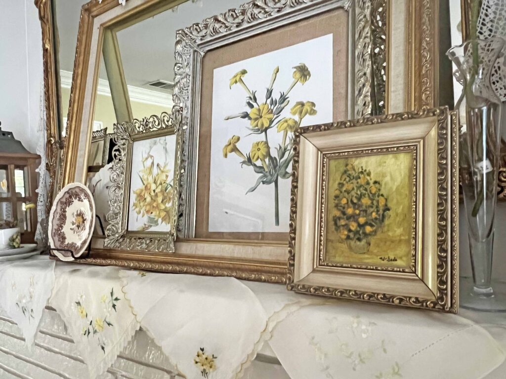 mantel styling with yellow vintage decor