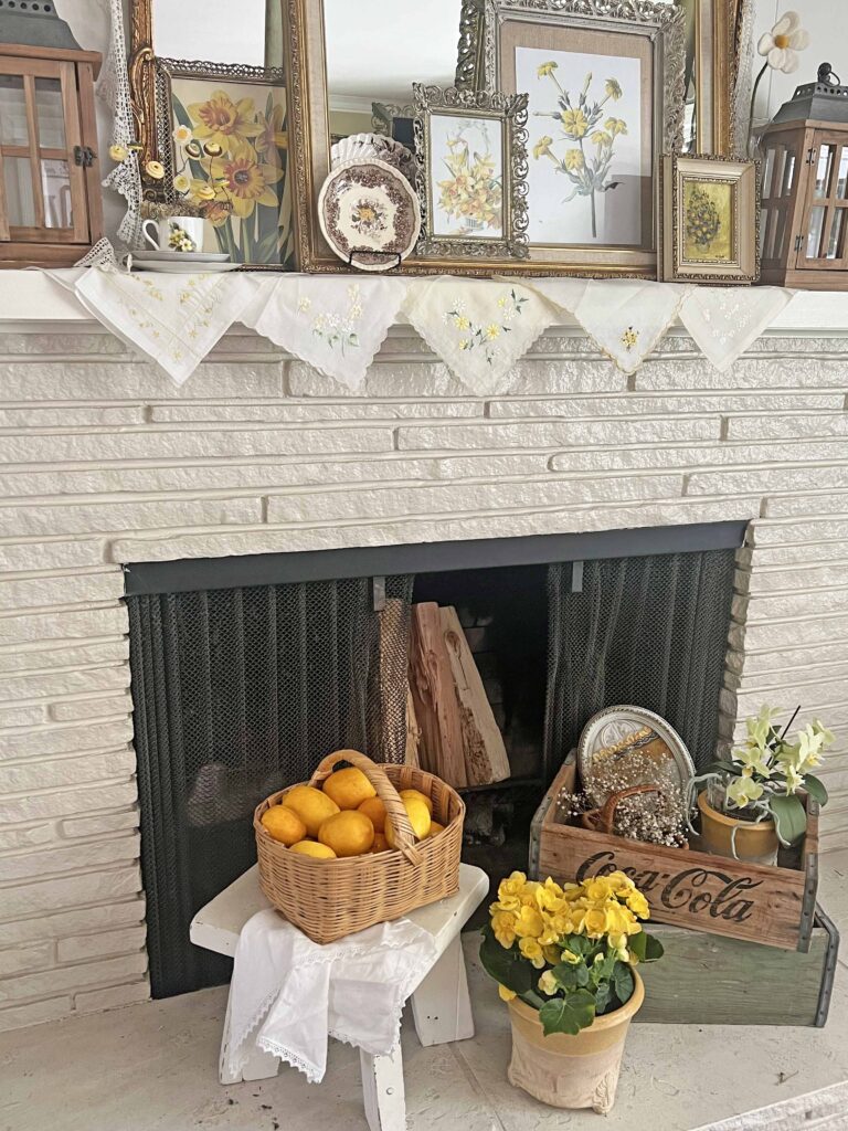 mantel styling with yellow vintage decor