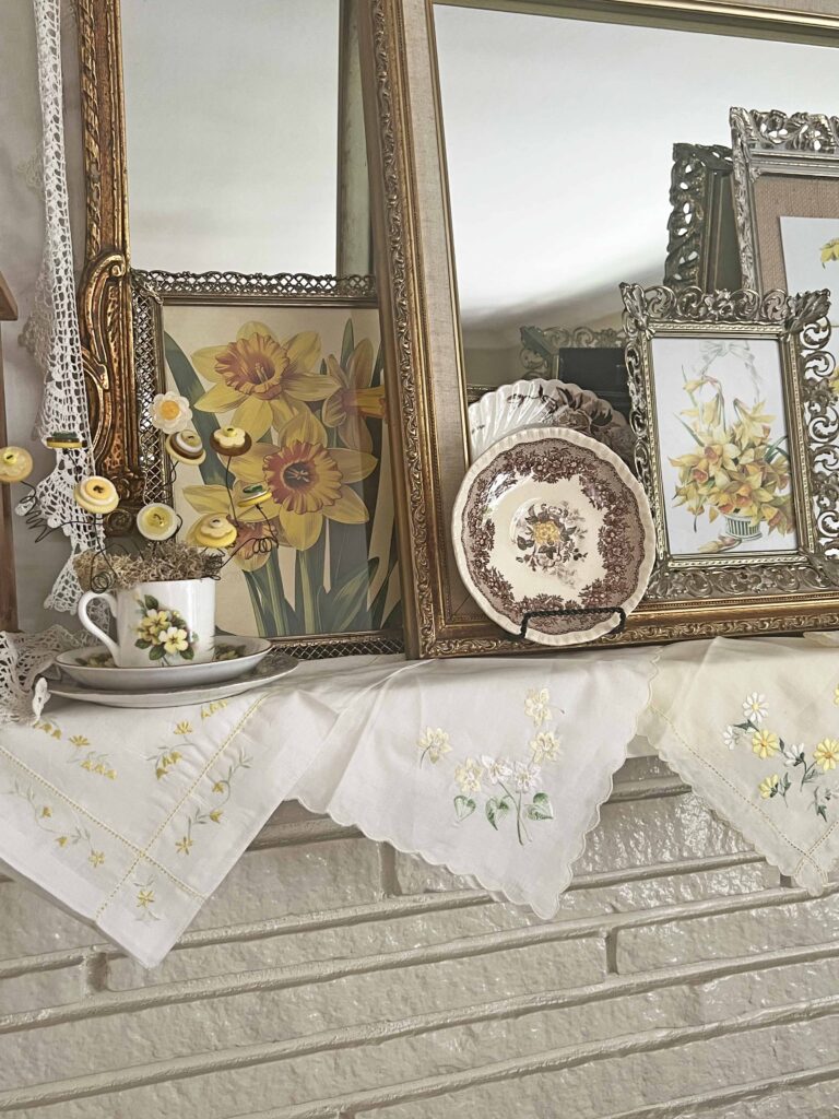 mantel styling with yellow vintage decor