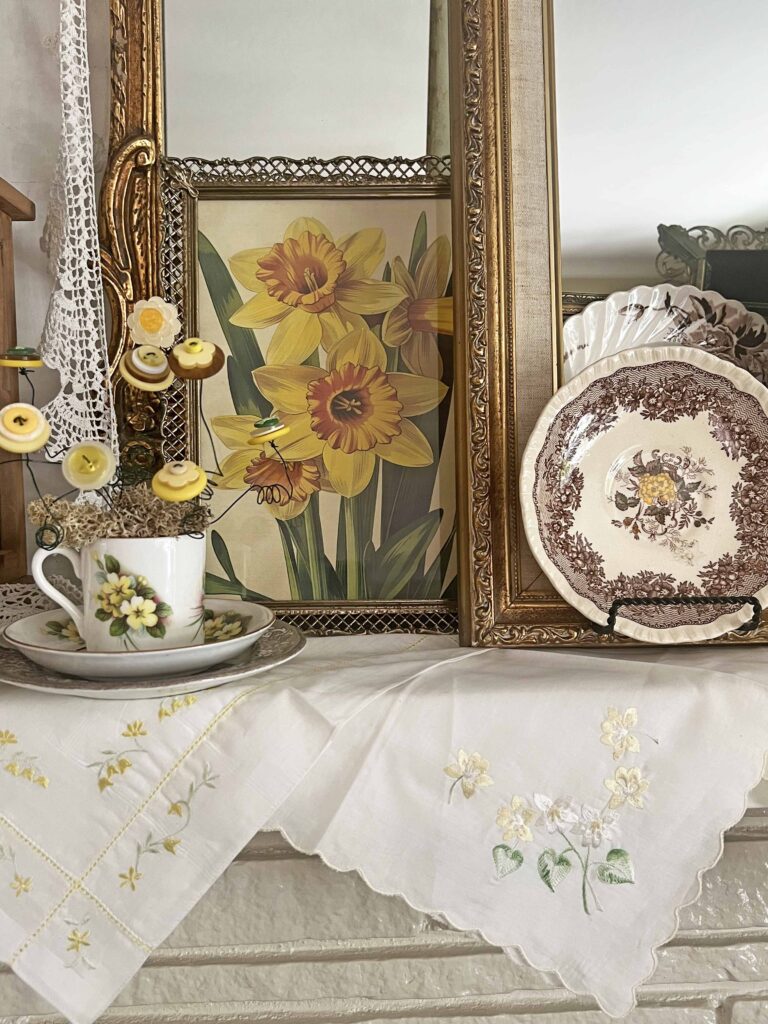 mantel styling with yellow vintage decor