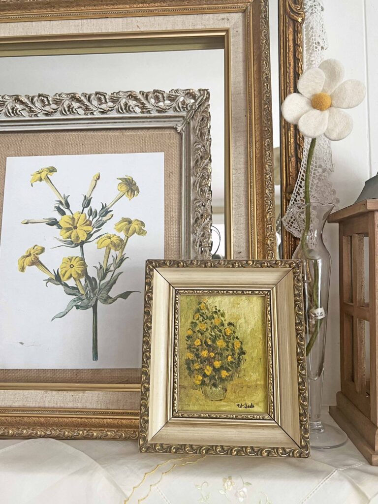 mantel styling with yellow vintage decor