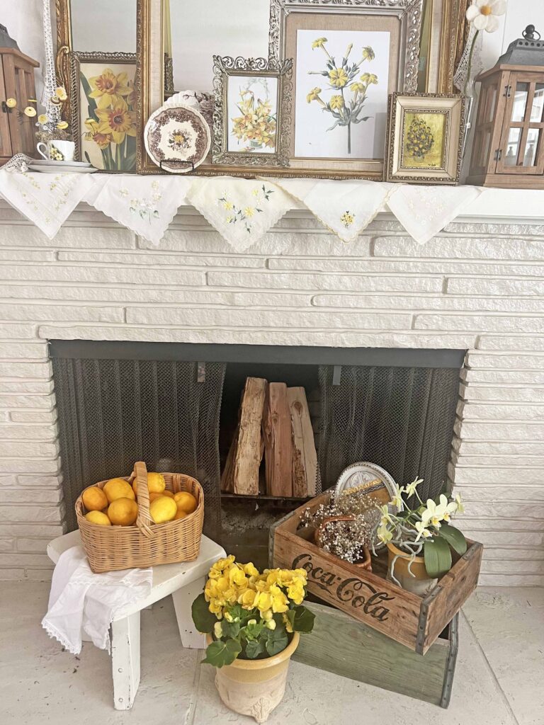 mantel styling with yellow vintage decor