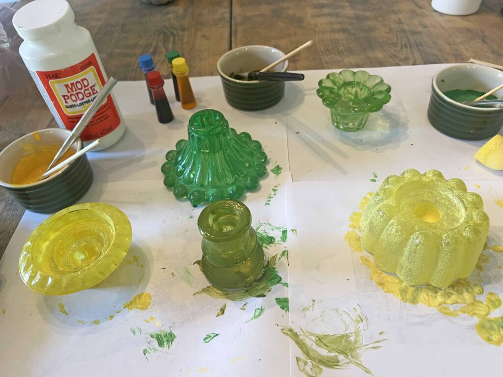 festive holiday stained thrifted glass candle holders DIY