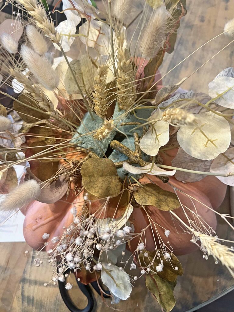 faux pumpkin floral arrangement DIY