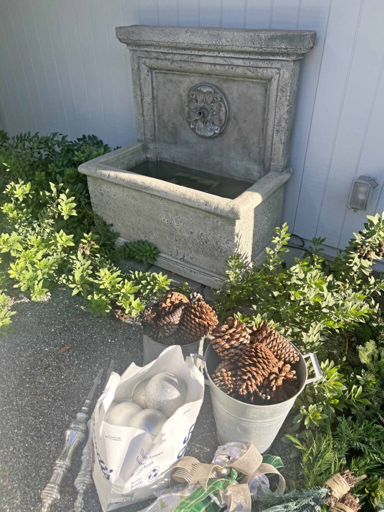 how to decorate an outdoor fountain for Christmas