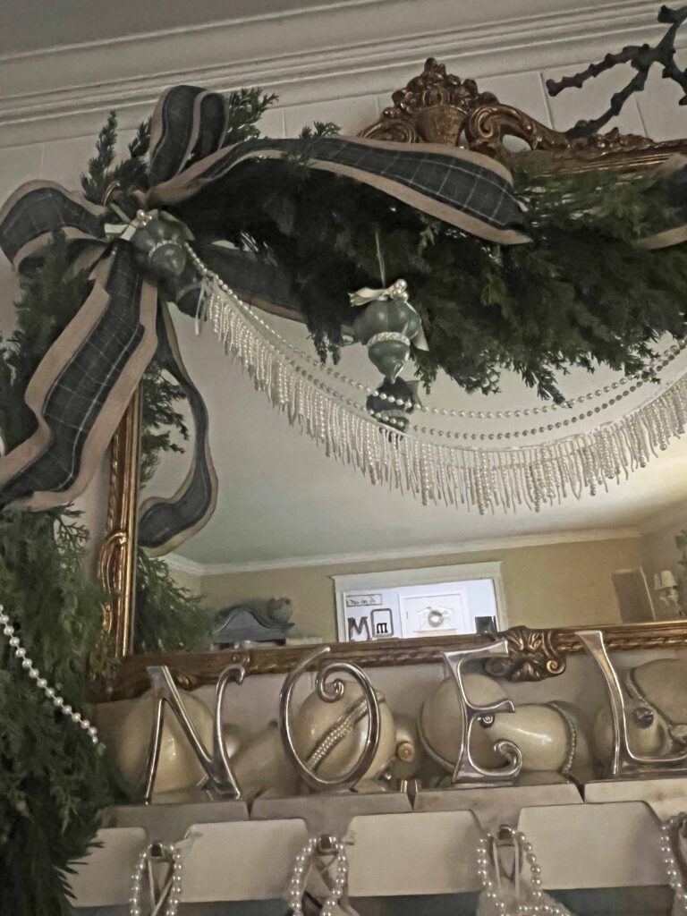 vintage Christmas mantel styling with Plaid & Pearls